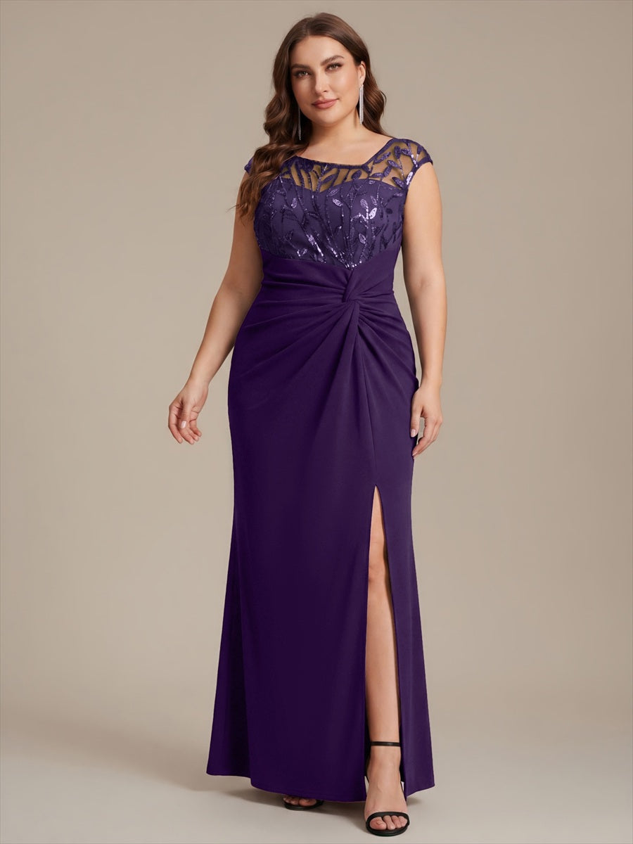 Maxi Asymmetrisches Bodycon Krepp Kleid Mit Oberschenkel Hohem Schlitz Und Pailletten Details Kleid #Farbe_Dunkelviolett