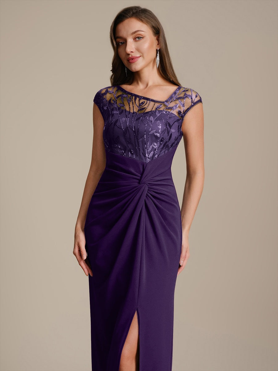 Maxi Asymmetrisches Bodycon Krepp Kleid Mit Oberschenkel Hohem Schlitz Und Pailletten Details Kleid #Farbe_Dunkelviolett