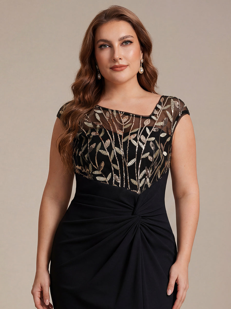 Maxi Asymmetrisches Bodycon Krepp Kleid Mit Oberschenkel Hohem Schlitz Und Pailletten Details Kleid #Farbe_Schwarz & Gold