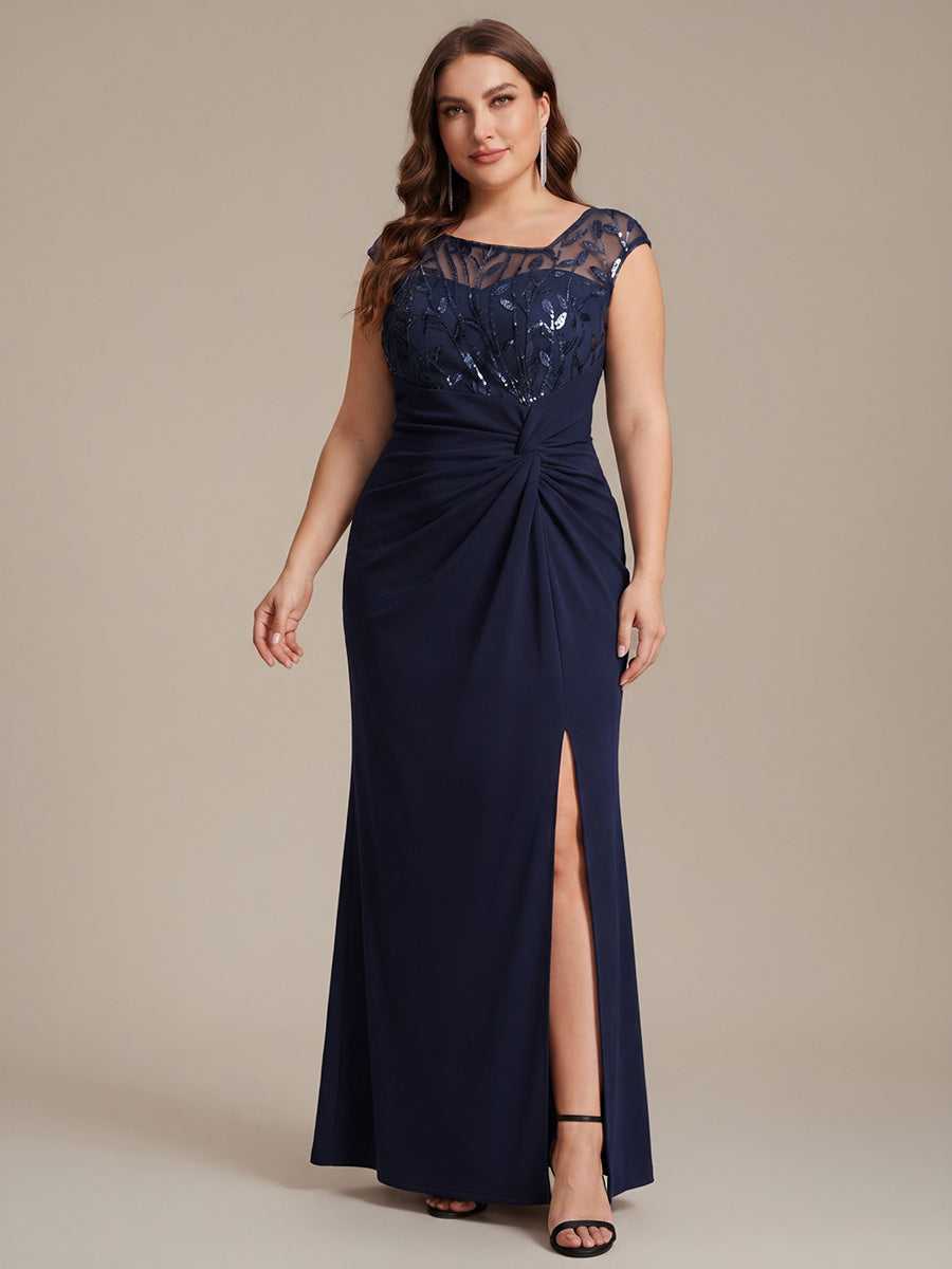 Maxi Asymmetrisches Bodycon Krepp Kleid Mit Oberschenkel Hohem Schlitz Und Pailletten Details Kleid #Farbe_Marineblau