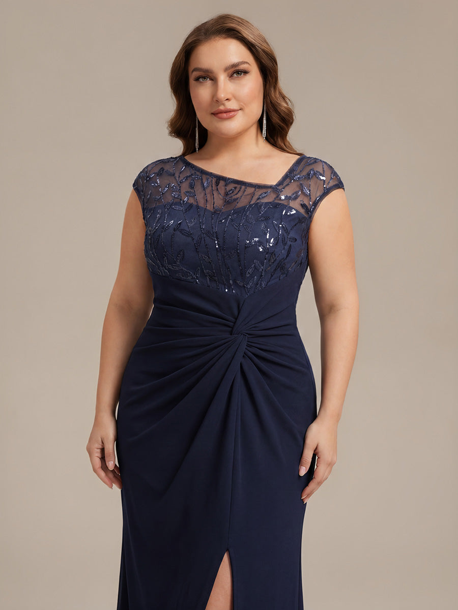 Maxi Asymmetrisches Bodycon Krepp Kleid Mit Oberschenkel Hohem Schlitz Und Pailletten Details Kleid #Farbe_Marineblau