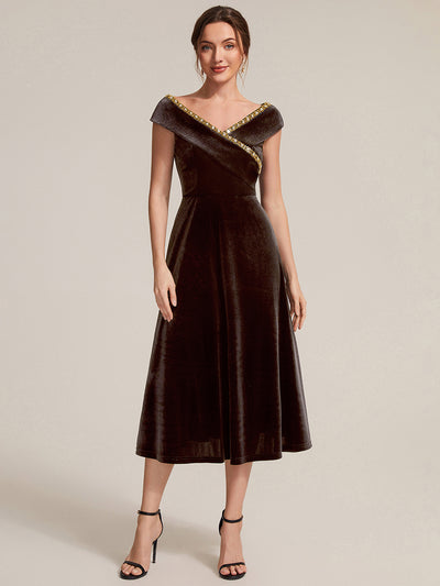Samt V-Ausschnitt A-Linie Reißverschluss hinten Ohne Brustpolster, mit Futter. hochzeitsgastkleid #Farbe_Braun