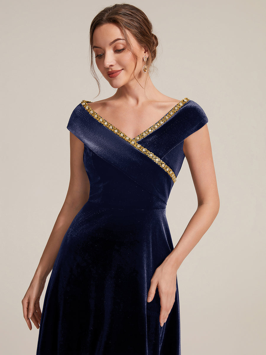 Samt V-Ausschnitt A-Linie Reißverschluss hinten Ohne Brustpolster, mit Futter. hochzeitsgastkleid #Farbe_Marineblau