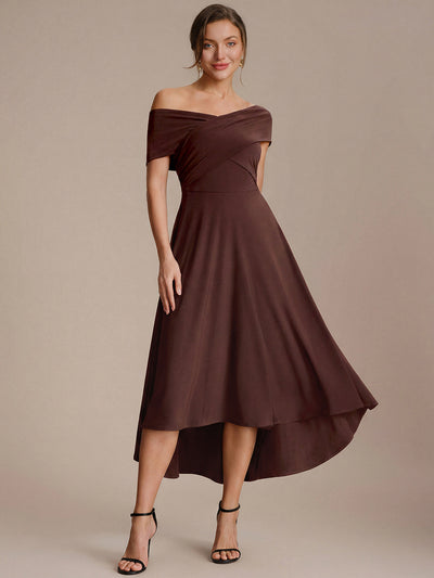 Asymmetrischer Saum V-Ausschnitt A-Linien Kleid Aus Mesh Elegantem Design Vielseitiger Tragem?glichkeit #Farbe_Schokoladenbraun
