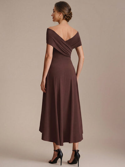 Asymmetrischer Saum V-Ausschnitt A-Linien Kleid Aus Mesh Elegantem Design Vielseitiger Tragem?glichkeit #Farbe_Schokoladenbraun