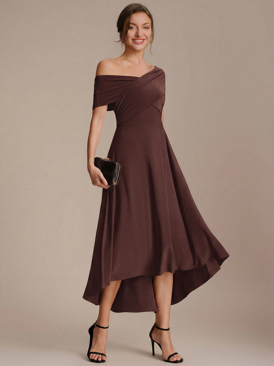 Asymmetrischer Saum V-Ausschnitt A-Linien Kleid Aus Mesh Elegantem Design Vielseitiger Tragem?glichkeit #Farbe_Chocolate Brown