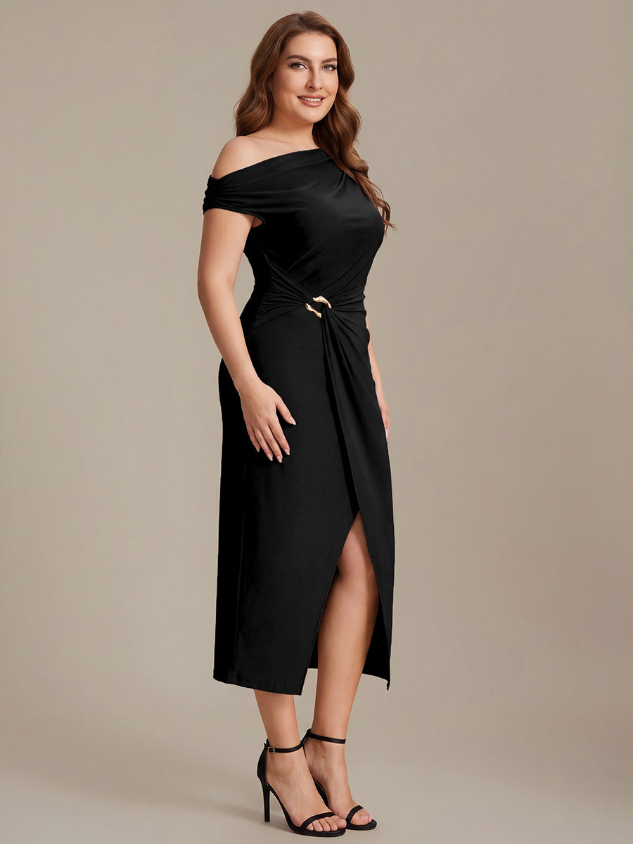 Midi Tea L?nge Schulterfreier Ausschnitt Figurbetont Kleid Aus Mesh Mit Schlitz #Farbe_Schwarz