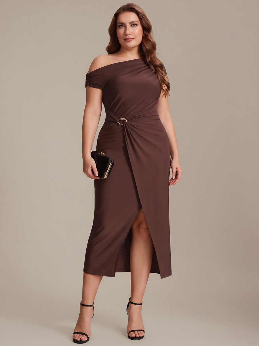 Midi Tea L?nge Schulterfreier Ausschnitt Figurbetont Kleid Aus Mesh Mit Schlitz #Farbe_Chocolate Brown