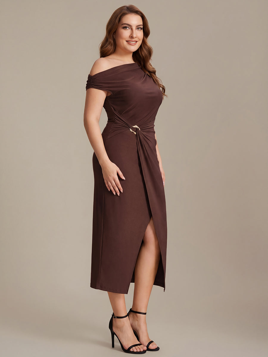 Midi Tea L?nge Schulterfreier Ausschnitt Figurbetont Kleid Aus Mesh Mit Schlitz #Farbe_Chocolate Brown