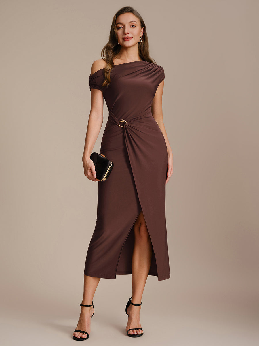 Midi Tea L?nge Schulterfreier Ausschnitt Figurbetont Kleid Aus Mesh Mit Schlitz #Farbe_Chocolate Brown