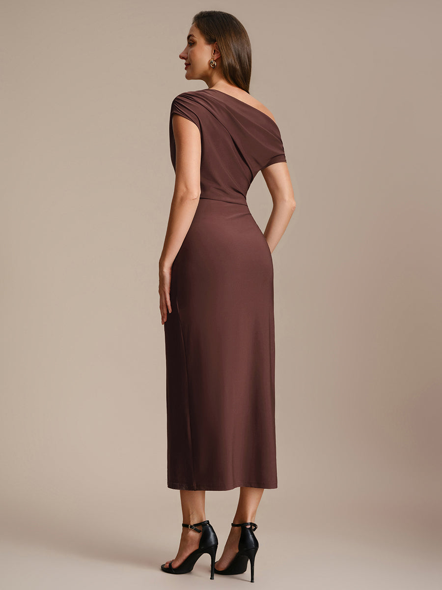 Midi Tea L?nge Schulterfreier Ausschnitt Figurbetont Kleid Aus Mesh Mit Schlitz #Farbe_Chocolate Brown