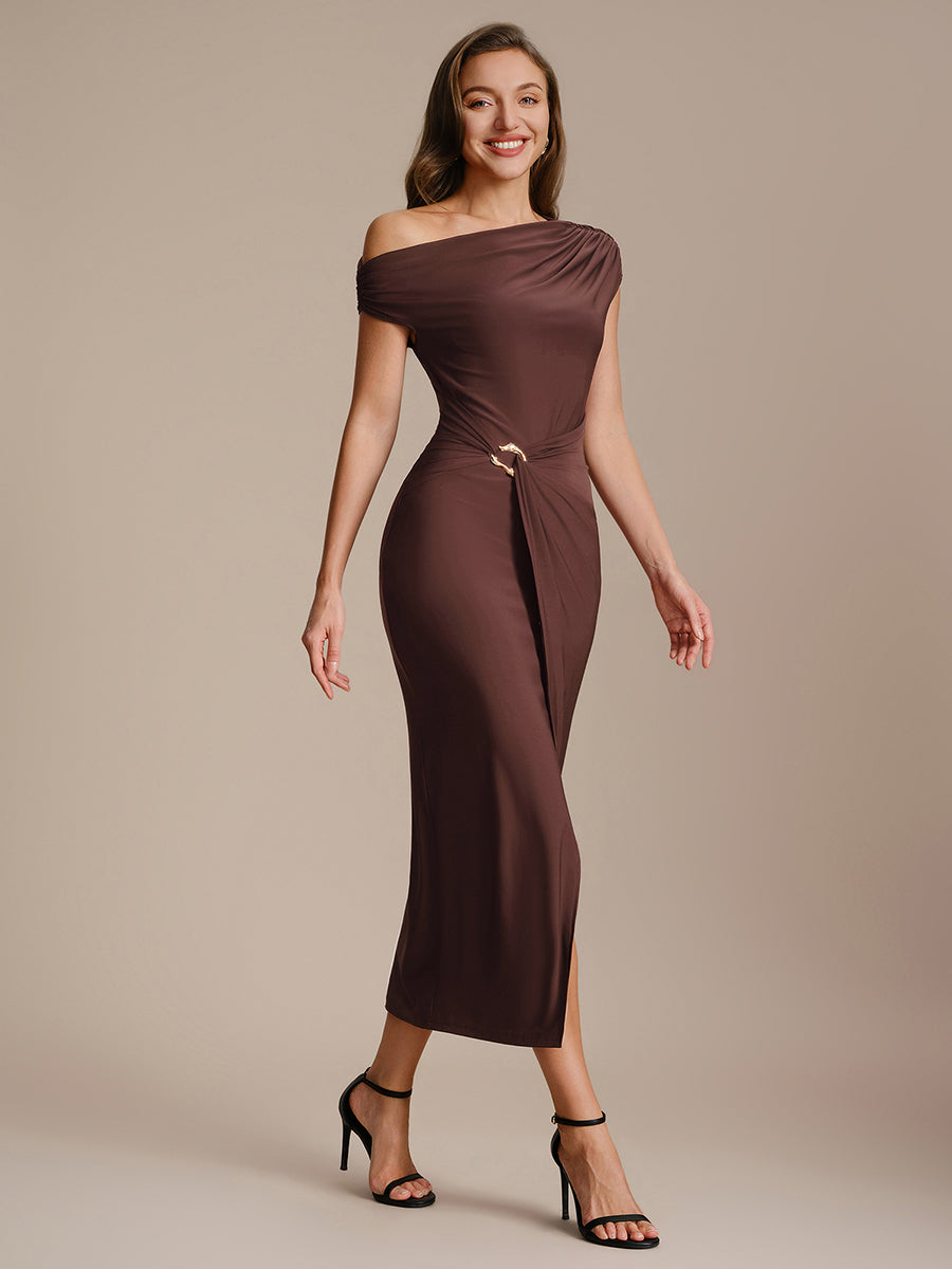 Midi Tea L?nge Schulterfreier Ausschnitt Figurbetont Kleid Aus Mesh Mit Schlitz #Farbe_Chocolate Brown