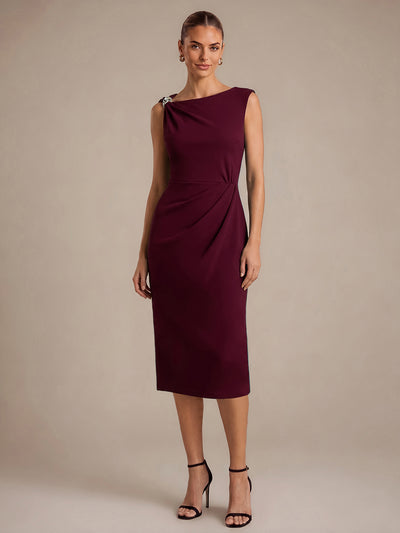 Midi Tea L?nge Etui Kleid Asymmetrischer Ausschnitt Krepp Elegante Passform Besondere Anl?sse #Farbe_Burgunderrot