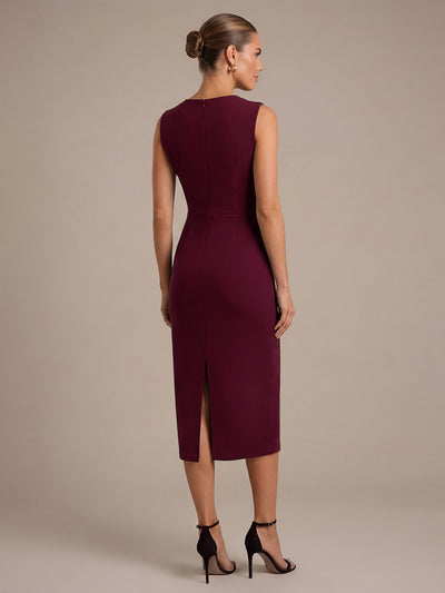 Midi Tea L?nge Etui Kleid Asymmetrischer Ausschnitt Krepp Elegante Passform Besondere Anl?sse #Farbe_Burgunderrot