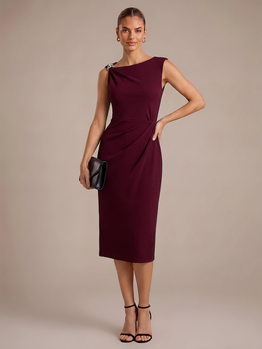 Midi Tea L?nge Etui Kleid Asymmetrischer Ausschnitt Krepp Elegante Passform Besondere Anl?sse #Farbe_Burgunderrot