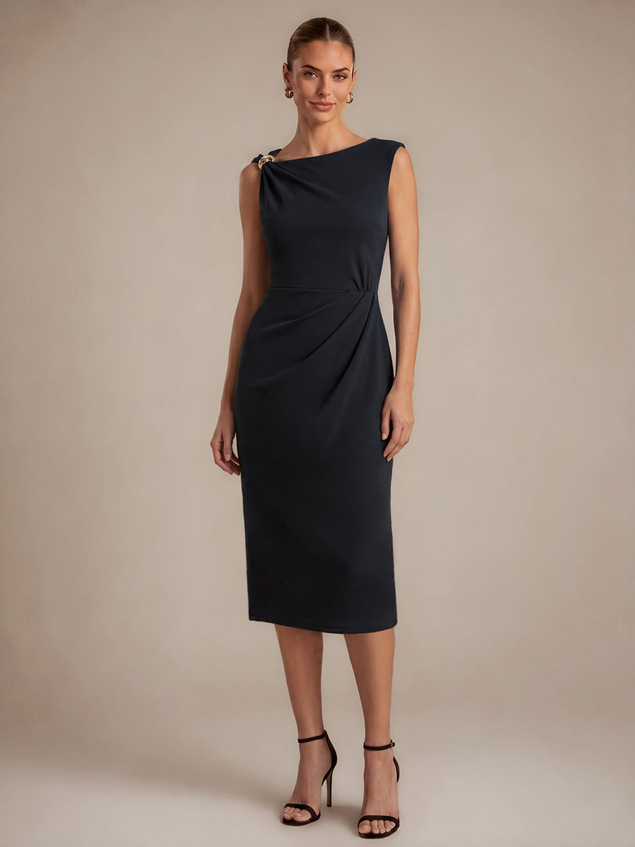 Midi Tea L?nge Etui Kleid Asymmetrischer Ausschnitt Krepp Elegante Passform Besondere Anl?sse #Farbe_Schwarz
