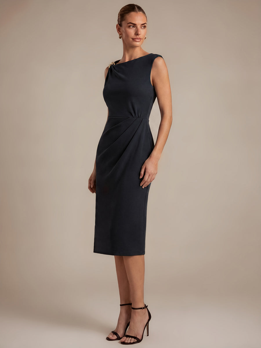 Midi Tea L?nge Etui Kleid Asymmetrischer Ausschnitt Krepp Elegante Passform Besondere Anl?sse #Farbe_Schwarz