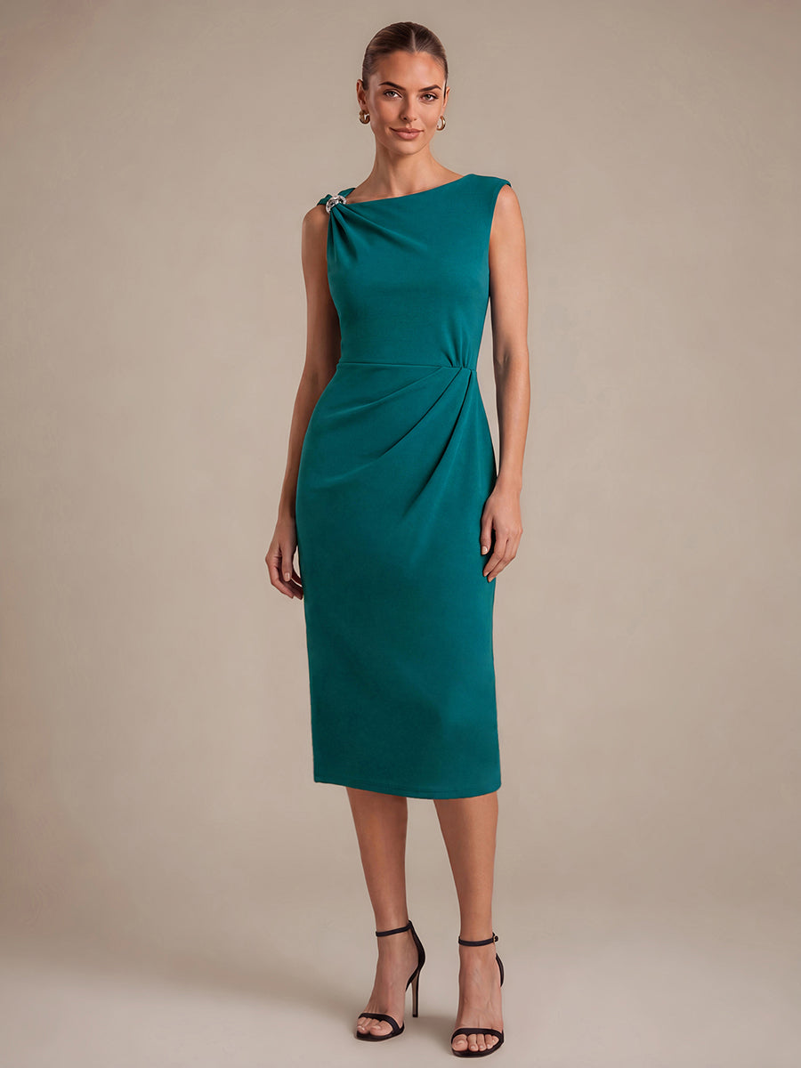 Midi Tea L?nge Etui Kleid Asymmetrischer Ausschnitt Krepp Elegante Passform Besondere Anl?sse #Farbe_Petrol