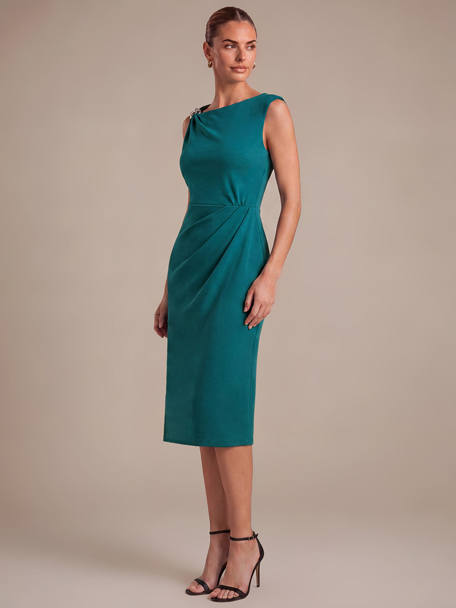 Midi Tea L?nge Etui Kleid Asymmetrischer Ausschnitt Krepp Elegante Passform Besondere Anl?sse #Farbe_Petrol