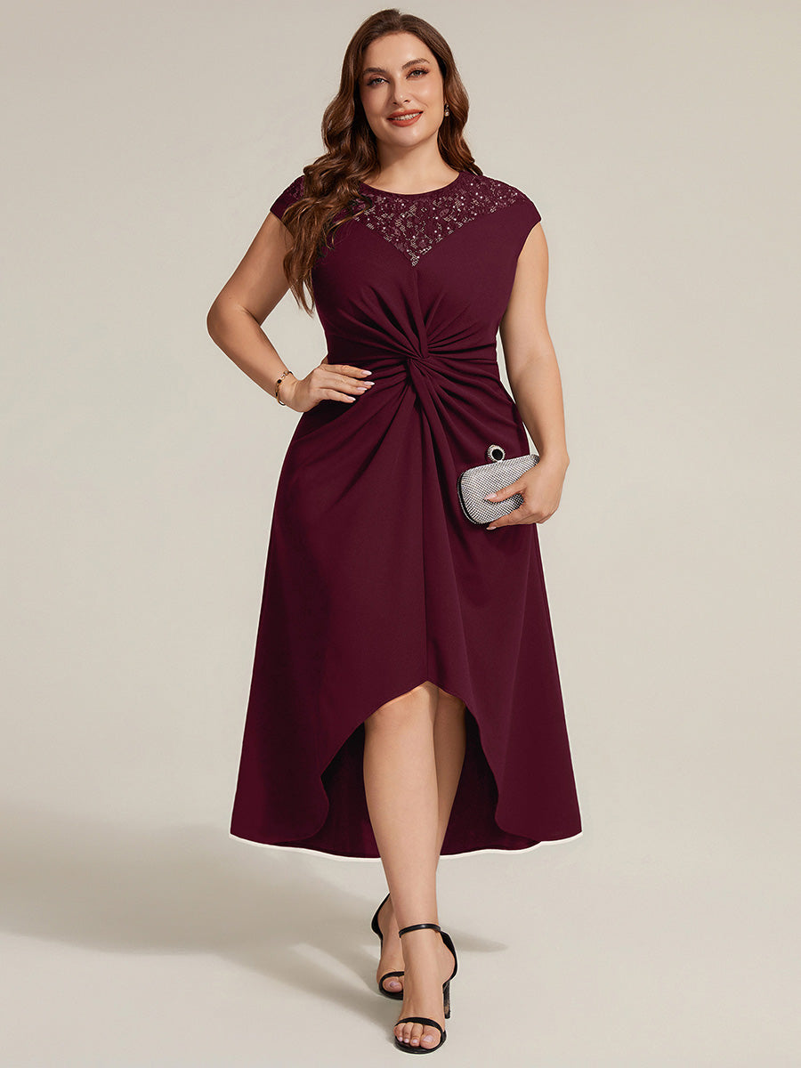 Asymmetrischer Saum Kleid Runder Ausschnitt A-Linien Kleid Krepp Transparent Pailletten Binden #Farbe_Burgunderrot