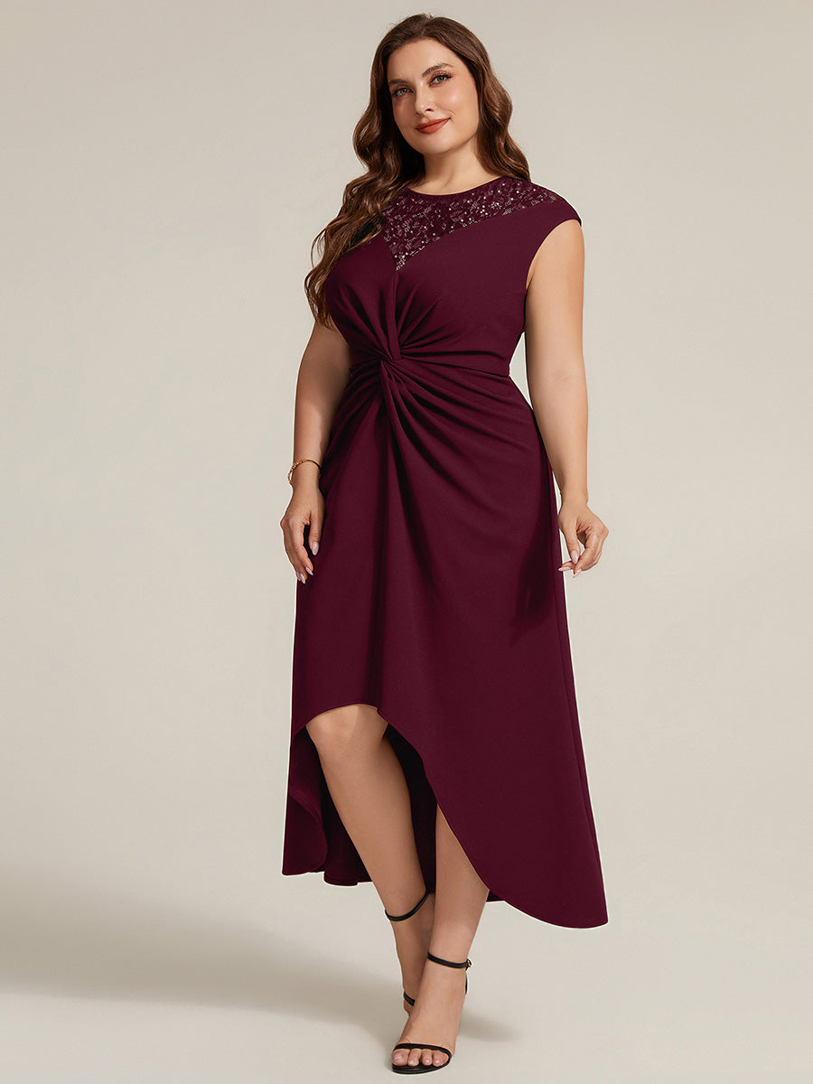 Asymmetrischer Saum Kleid Runder Ausschnitt A-Linien Kleid Krepp Transparent Pailletten Binden #Farbe_Burgunderrot