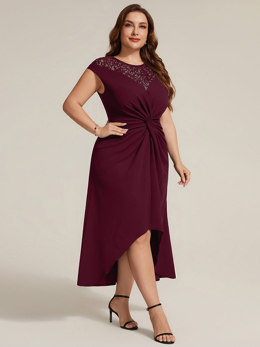 Asymmetrischer Saum Kleid Runder Ausschnitt A-Linien Kleid Krepp Transparent Pailletten Binden #Farbe_Burgunderrot