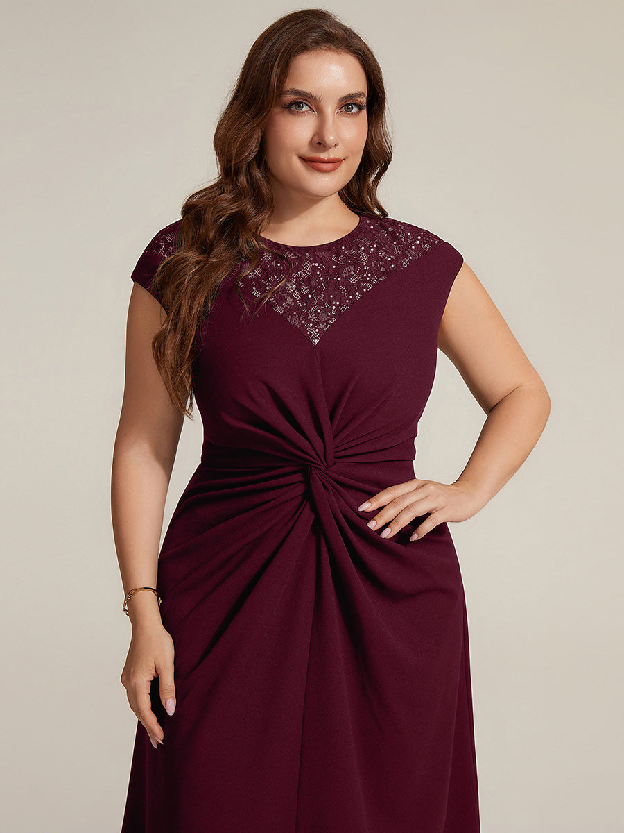 Asymmetrischer Saum Kleid Runder Ausschnitt A-Linien Kleid Krepp Transparent Pailletten Binden #Farbe_Burgunderrot