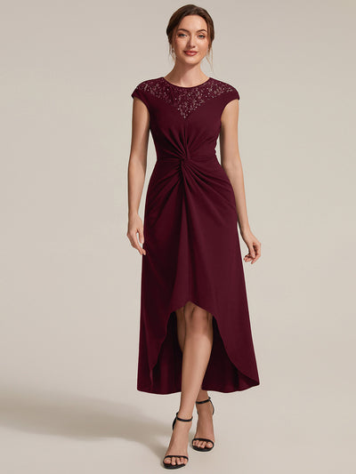 Asymmetrischer Saum Kleid Runder Ausschnitt A-Linien Kleid Krepp Transparent Pailletten Binden #Farbe_Burgunderrot