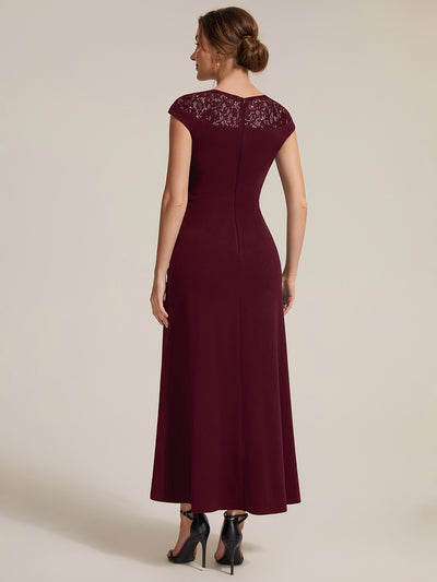Asymmetrischer Saum Kleid Runder Ausschnitt A-Linien Kleid Krepp Transparent Pailletten Binden #Farbe_Burgunderrot