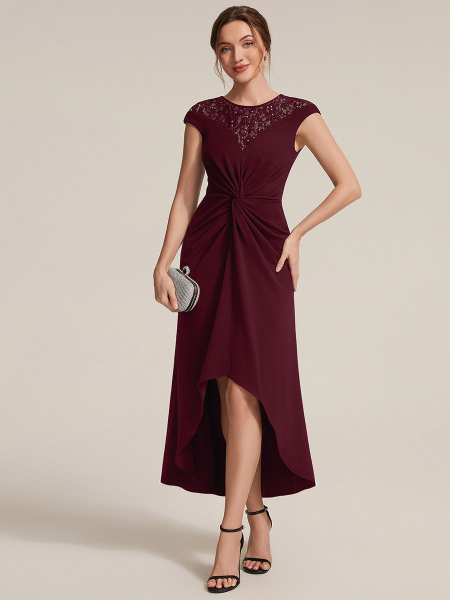 Asymmetrischer Saum Kleid Runder Ausschnitt A-Linien Kleid Krepp Transparent Pailletten Binden #Farbe_Burgunderrot