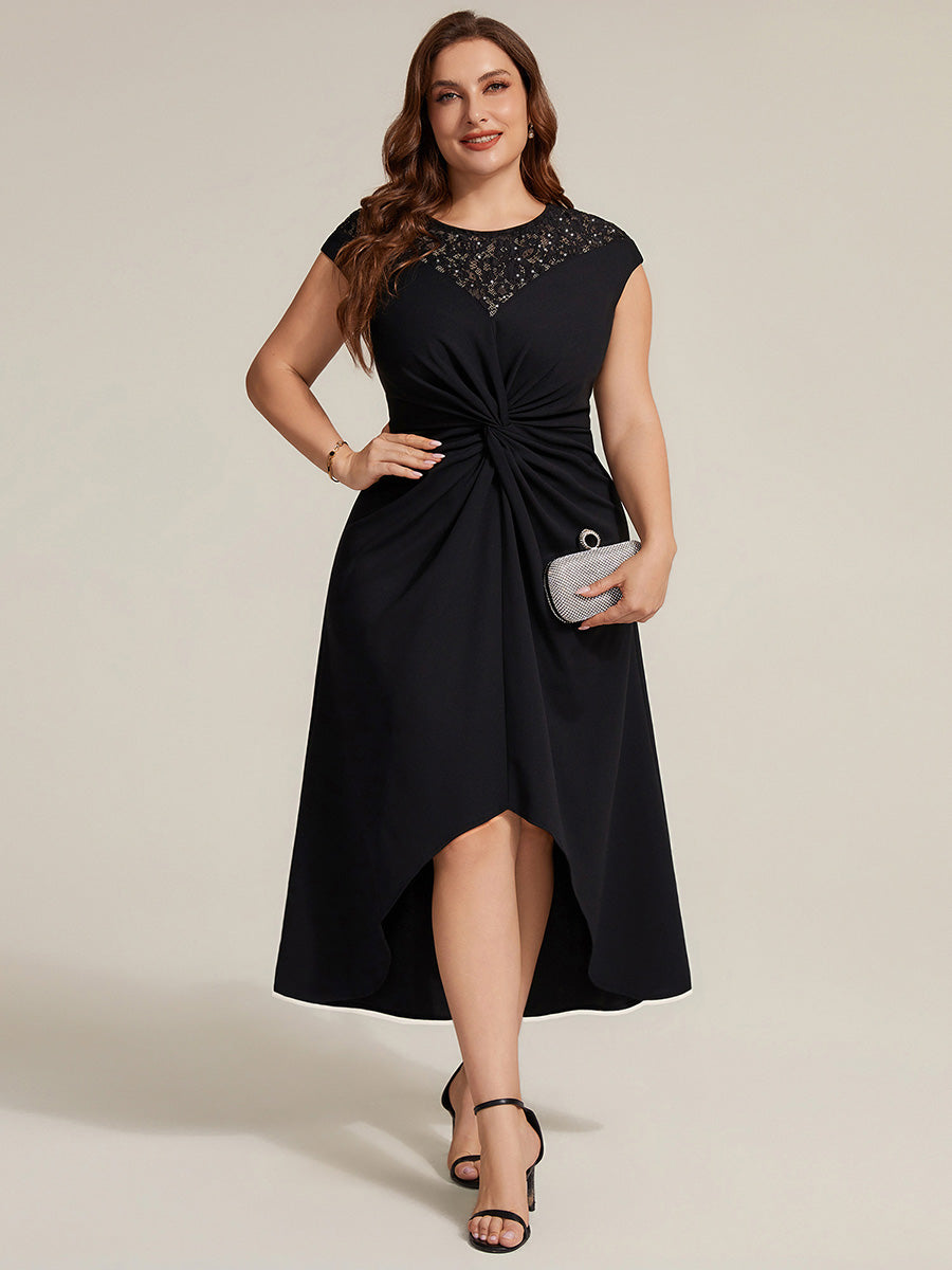 Asymmetrischer Saum Kleid Runder Ausschnitt A-Linien Kleid Krepp Transparent Pailletten Binden #Farbe_Schwarz