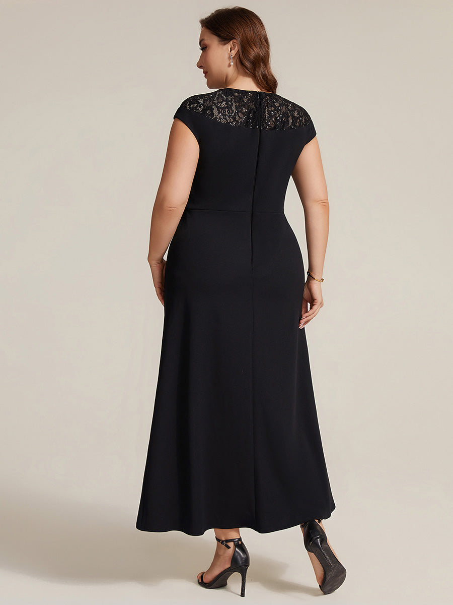 Asymmetrischer Saum Kleid Runder Ausschnitt A-Linien Kleid Krepp Transparent Pailletten Binden #Farbe_Schwarz