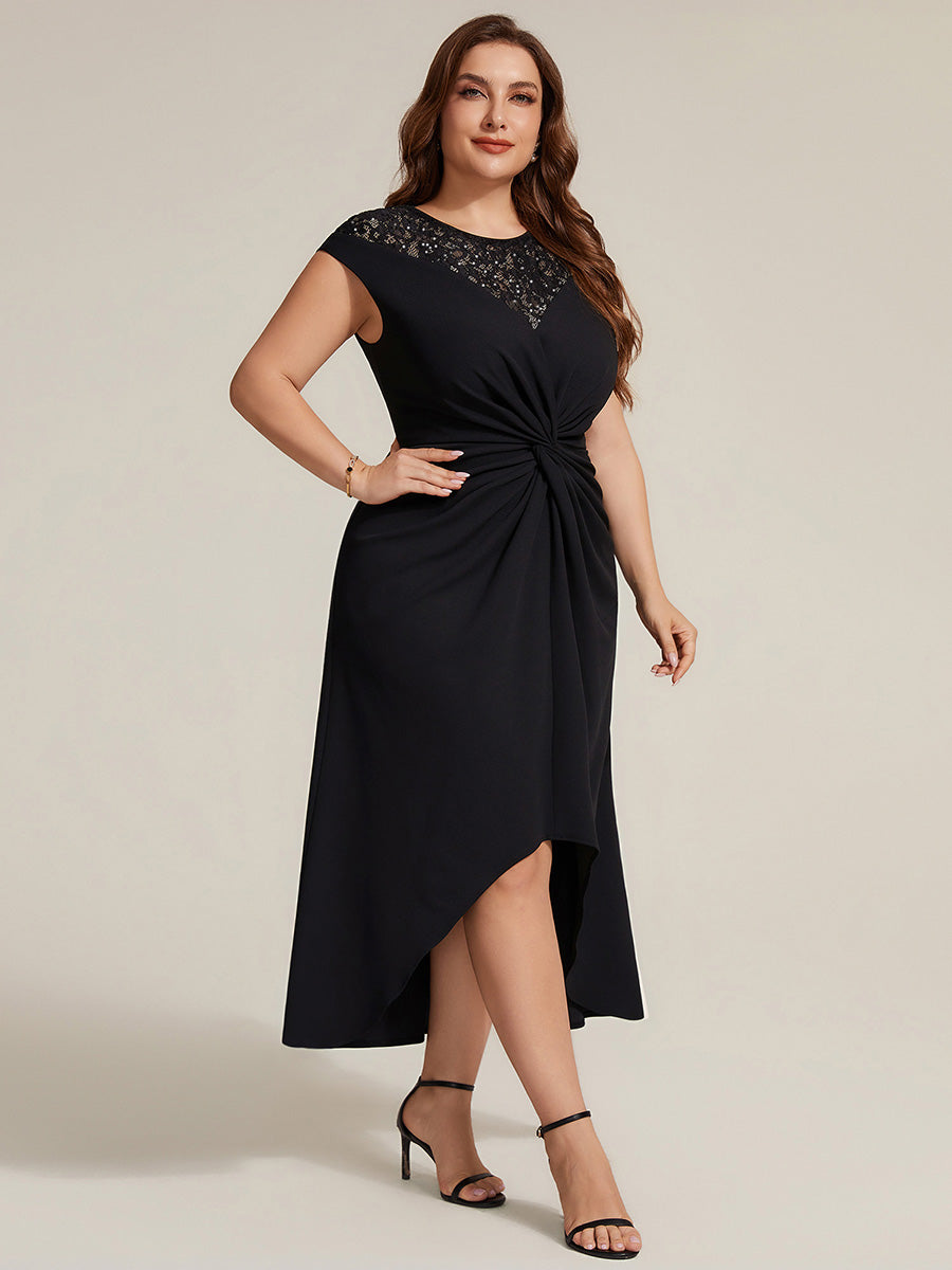 Asymmetrischer Saum Kleid Runder Ausschnitt A-Linien Kleid Krepp Transparent Pailletten Binden #Farbe_Schwarz