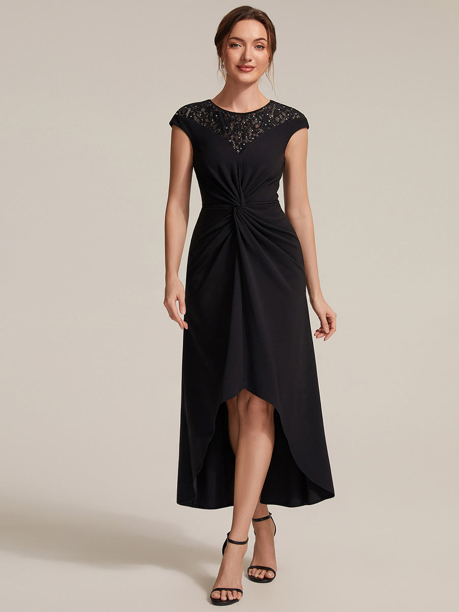 Asymmetrischer Saum Kleid Runder Ausschnitt A-Linien Kleid Krepp Transparent Pailletten Binden #Farbe_Schwarz