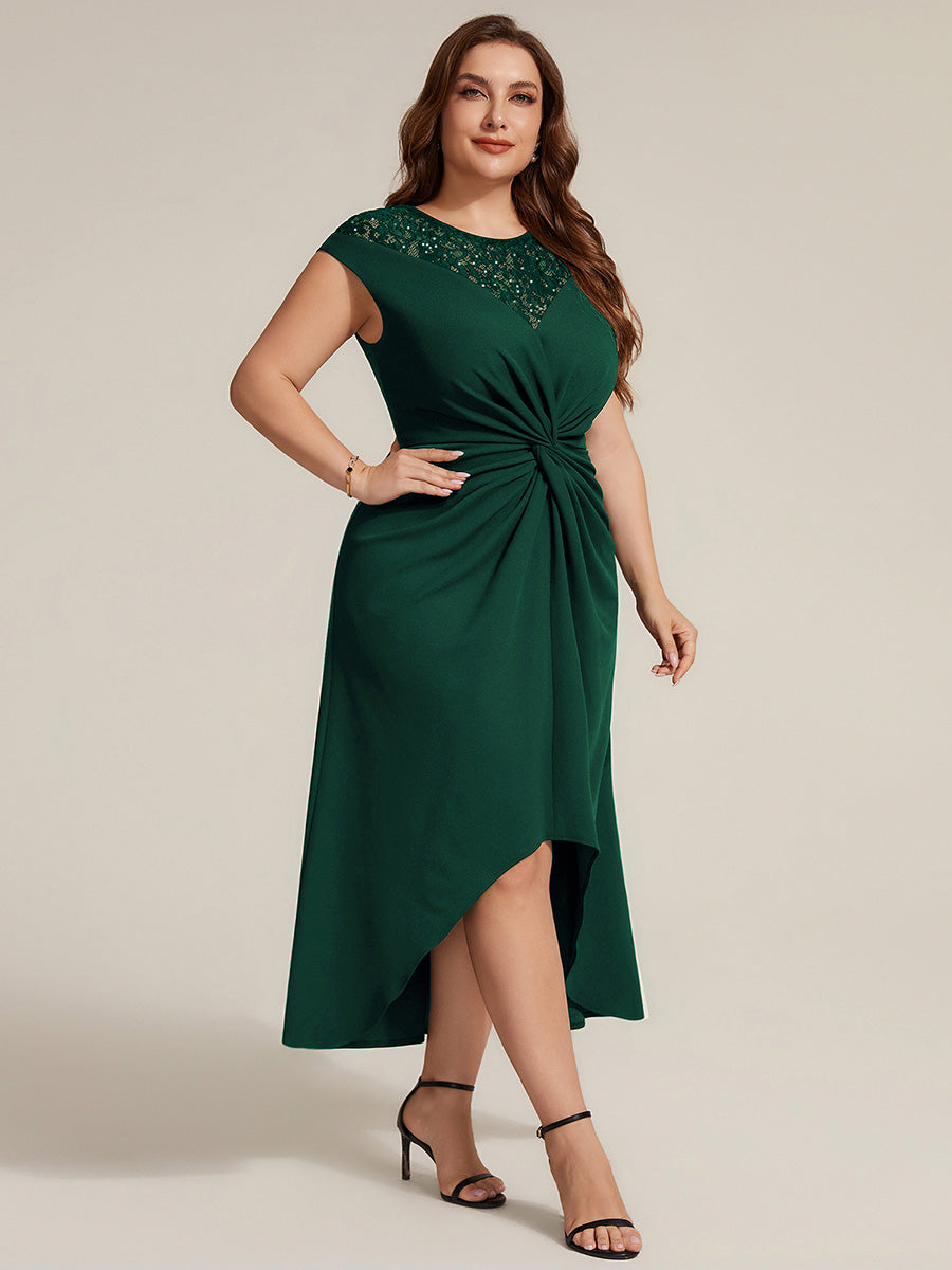 Asymmetrischer Saum Kleid Runder Ausschnitt A-Linien Kleid Krepp Transparent Pailletten Binden #Farbe_Dunkelgrün