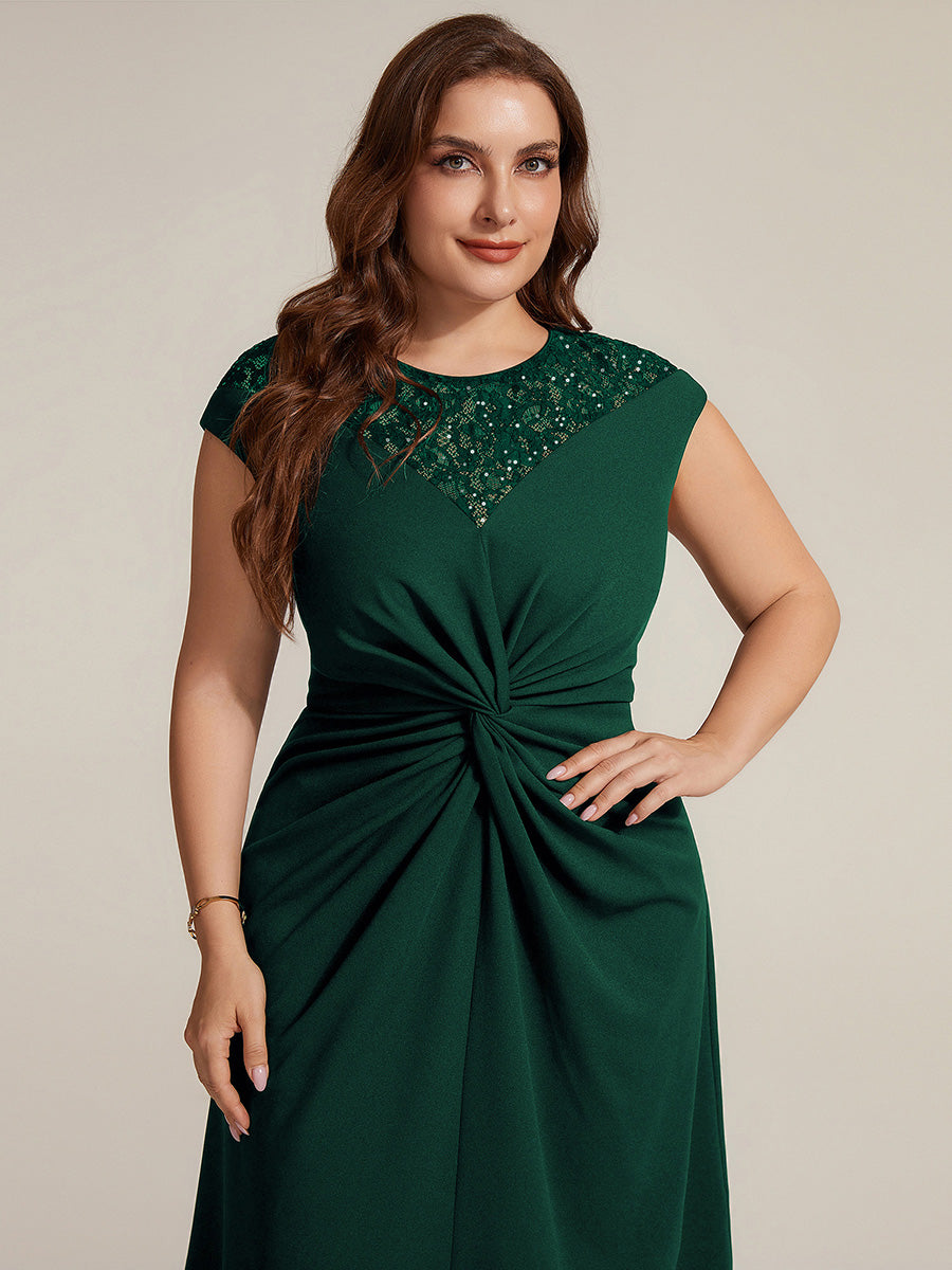 Asymmetrischer Saum Kleid Runder Ausschnitt A-Linien Kleid Krepp Transparent Pailletten Binden #Farbe_Dunkelgrün