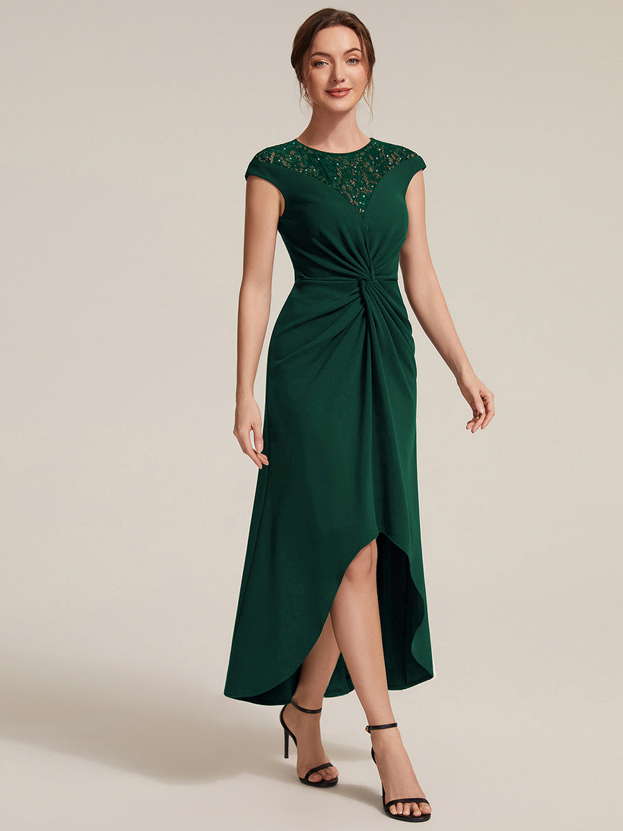 Asymmetrischer Saum Kleid Runder Ausschnitt A-Linien Kleid Krepp Transparent Pailletten Binden #Farbe_Dunkelgrün
