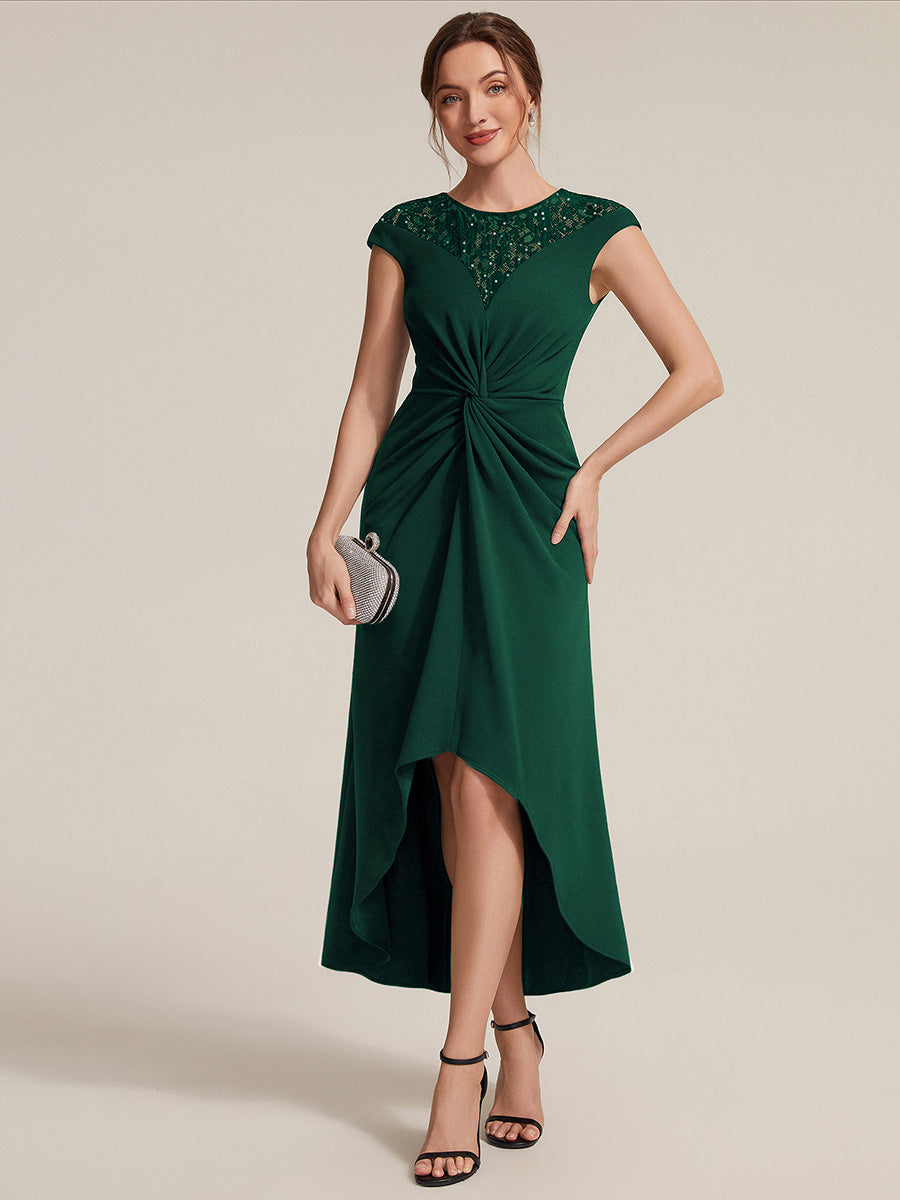 Asymmetrischer Saum Kleid Runder Ausschnitt A-Linien Kleid Krepp Transparent Pailletten Binden #Farbe_Dunkelgrün