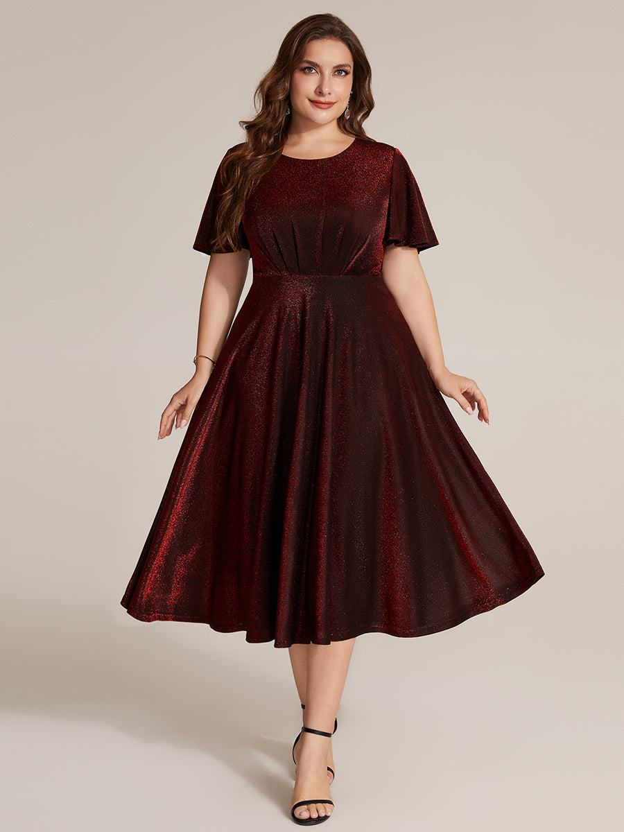 Midi Tea L?nge A Linie Kleid Runder Ausschnitt Lurex Netzstoff 3D Drapierung Eleganter Look #Farbe_Burgunderrot