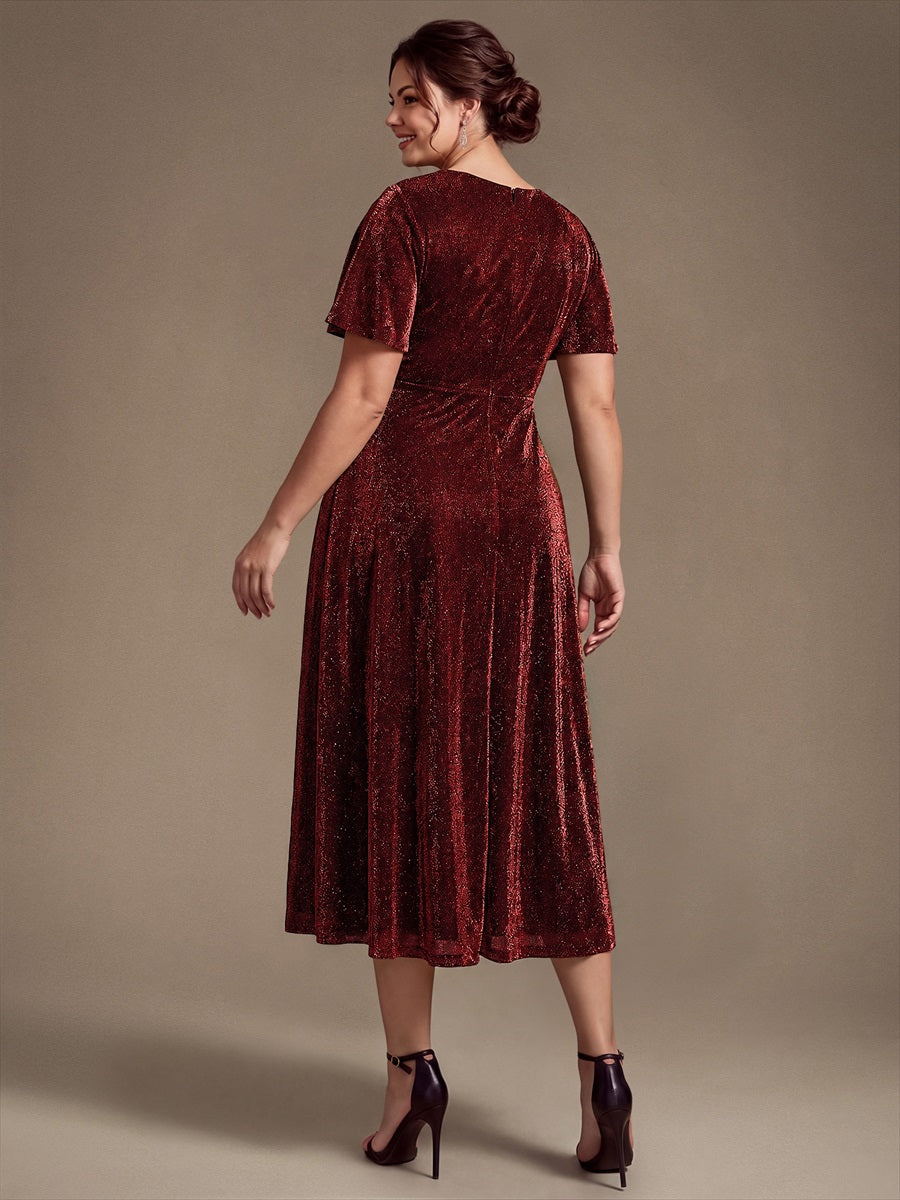 Midi Tea L?nge A Linie Kleid Runder Ausschnitt Lurex Netzstoff 3D Drapierung Eleganter Look #Farbe_Burgunderrot