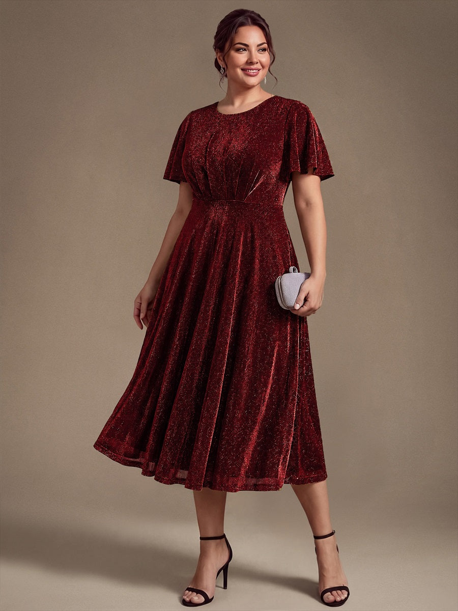 Midi Tea L?nge A Linie Kleid Runder Ausschnitt Lurex Netzstoff 3D Drapierung Eleganter Look #Farbe_Burgunderrot