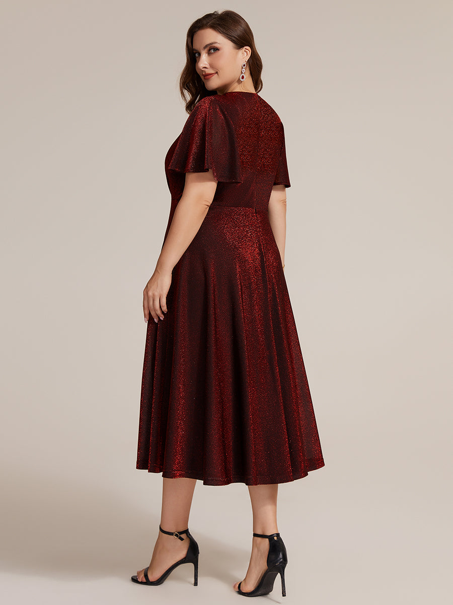 Midi Tea L?nge A Linie Kleid Runder Ausschnitt Lurex Netzstoff 3D Drapierung Eleganter Look #Farbe_Burgunderrot