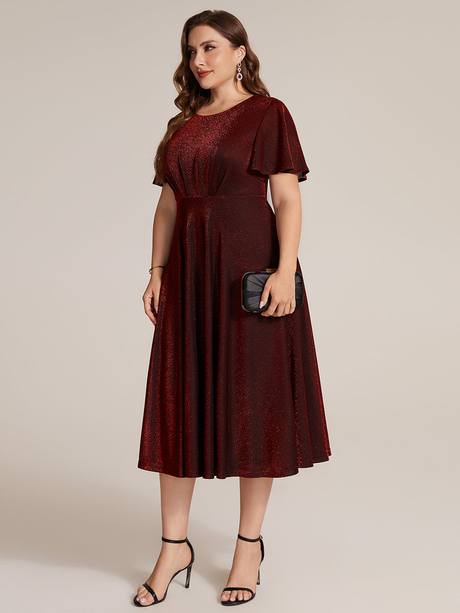 Midi Tea L?nge A Linie Kleid Runder Ausschnitt Lurex Netzstoff 3D Drapierung Eleganter Look #Farbe_Burgunderrot