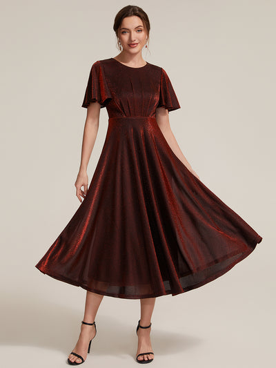 Midi Tea L?nge A Linie Kleid Runder Ausschnitt Lurex Netzstoff 3D Drapierung Eleganter Look #Farbe_Burgunderrot