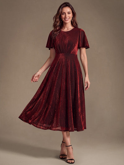 Midi Tea L?nge A Linie Kleid Runder Ausschnitt Lurex Netzstoff 3D Drapierung Eleganter Look #Farbe_Burgunderrot