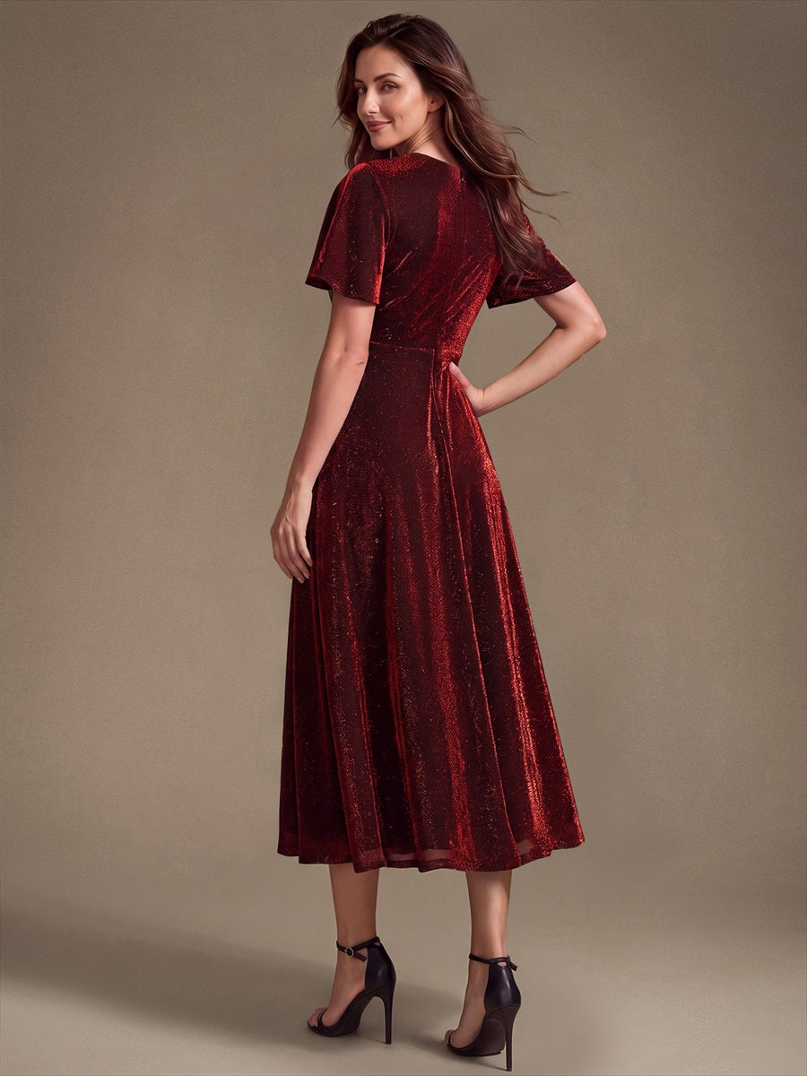 Midi Tea L?nge A Linie Kleid Runder Ausschnitt Lurex Netzstoff 3D Drapierung Eleganter Look #Farbe_Burgunderrot