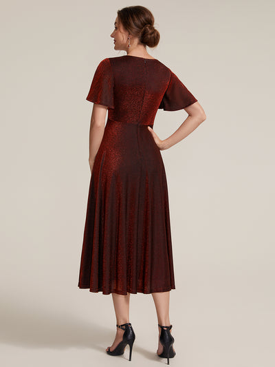 Midi Tea L?nge A Linie Kleid Runder Ausschnitt Lurex Netzstoff 3D Drapierung Eleganter Look #Farbe_Burgunderrot