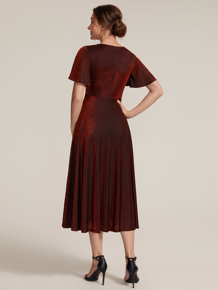 Midi Tea L?nge A Linie Kleid Runder Ausschnitt Lurex Netzstoff 3D Drapierung Eleganter Look #Farbe_Burgunderrot