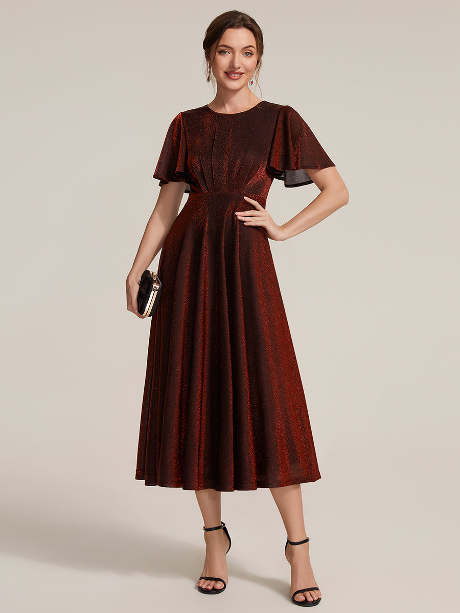 Midi Tea L?nge A Linie Kleid Runder Ausschnitt Lurex Netzstoff 3D Drapierung Eleganter Look #Farbe_Burgunderrot