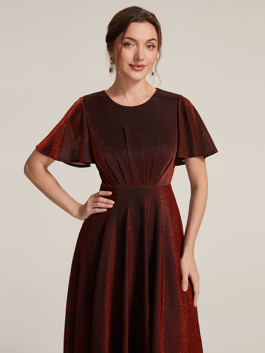 Midi Tea L?nge A Linie Kleid Runder Ausschnitt Lurex Netzstoff 3D Drapierung Eleganter Look #Farbe_Burgunderrot